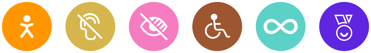 Accessibility symbols representing inclusion, hearing, vision, physical access and neurodiversity
