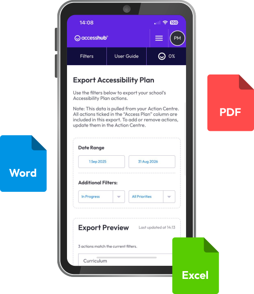 Exporting an Accessibility Plan to Word, PDF or Excel