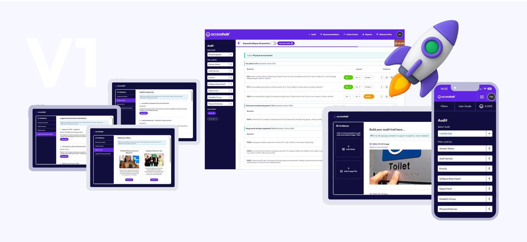 AccessHub version one shown across desktop, tablet and mobile screens